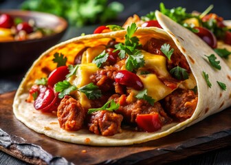 Vibrant close-up of sizzling chorizo and duck mixture, oozing with melted cheese, nestled in a crunchy tortilla, against a blurred dark background.