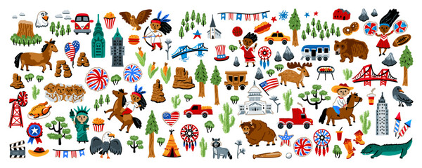 A huge set of North American elements. Symbols of Canada. Nature, animals, characters, objects. For maps and children designs. Travel landmarks illustrations. Cartoon style. Childish artwork