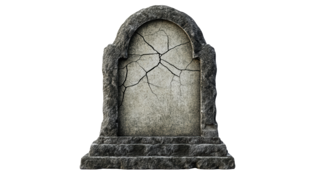 Eerie Tombstone with Cracked Edges on White Background Symbolizing Death and Decay