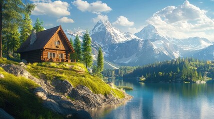 Obraz premium A cozy cabin perched on a hill, overlooking a serene lake and majestic mountains in the distance.