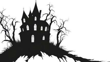 Fototapeta premium Eerie Haunted House Silhouette with Crooked Windows on White Background