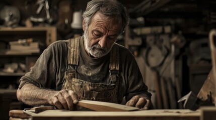 Obraz premium Seasoned Carpenter Crafting Wood with Precision in Workshop Routine