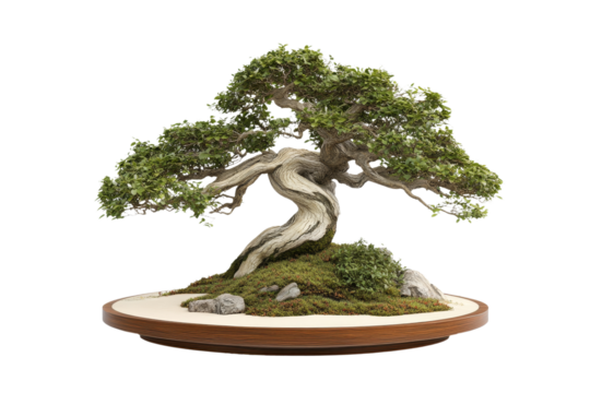 A beautifully shaped bonsai tree showcases intricate details on a round wooden base, surrounded by a bed of moss and decorative stones