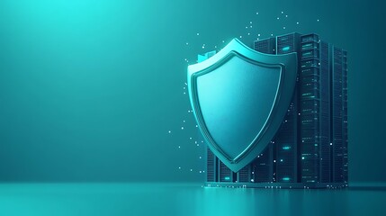 Fototapeta premium A digital shield symbolizes cybersecurity protection for server data in a futuristic blue-toned background, representing online safety.