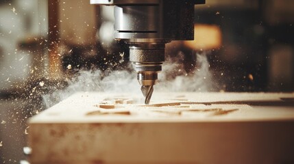 Industrial CNC drill carving intricate design on wood planks with precision and speed, advanced woodworking technology, automated drilling