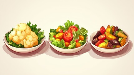 Colorful bowls showcase an assortment of fresh vegetable dishes, including mixed greens, cherry tomatoes, and hearty roasted vegetables