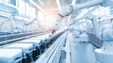 Robotic Arms Assembling EV Battery Packs in Modern Factory