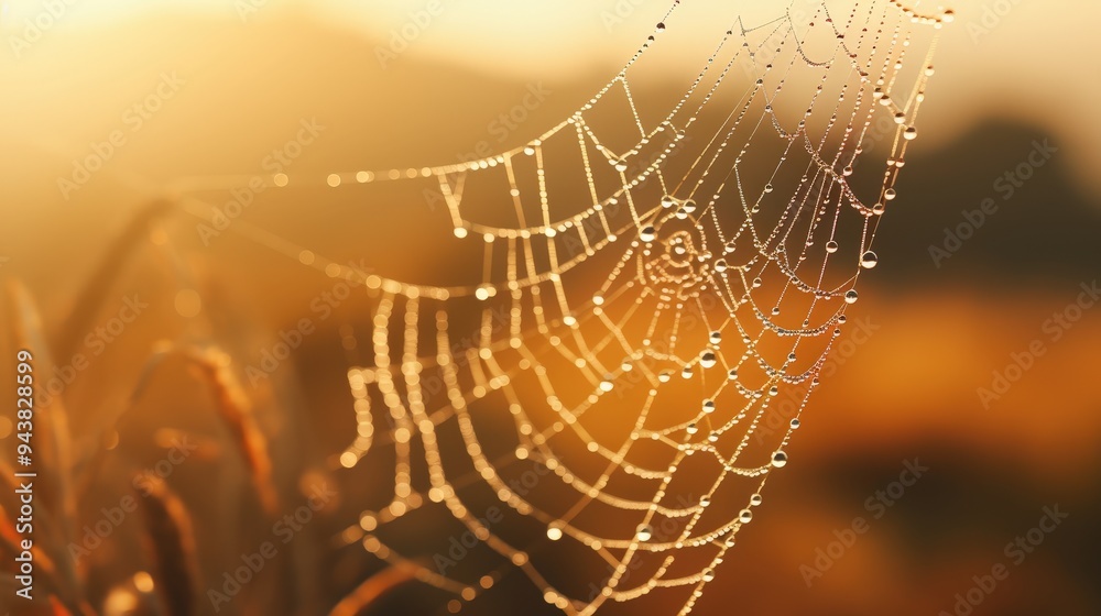 Poster dewdrops on a spiderweb at sunrise