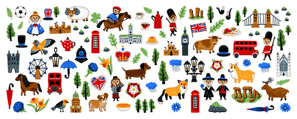 A huge set of United Kingdom elements. Symbols of Great Britain. Nature, animals, characters, objects. For maps and children designs. Travel landmarks illustrations. Cartoon style. Childish artwork