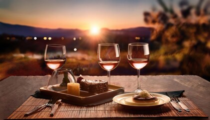 Romantic Sunset Dinner Setting with Wine
