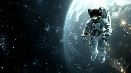 Fototapeta premium Astronaut floating in space with a planet in the background.