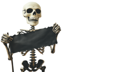 Halloween Skeleton Holding Banner on White Background for Spooky Celebrations