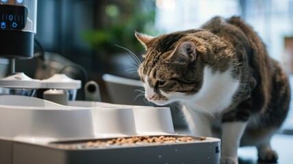 Curious Cat Eating Kibble from Automated Pet Feeder