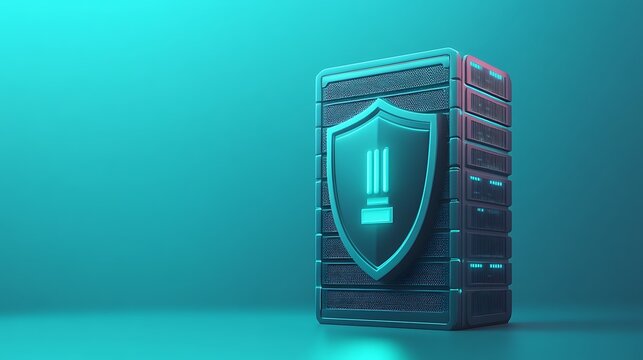 A secure server depicted with a glowing shield, representing data protection and cybersecurity in a futuristic blue-green setting.