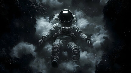 Fototapeta premium Astronaut floating in space with clouds and stars in the background.