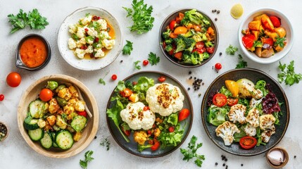 A variety of nutritious vegetable dishes presented on elegant plates showcasing fresh colors and textures of the ingredients