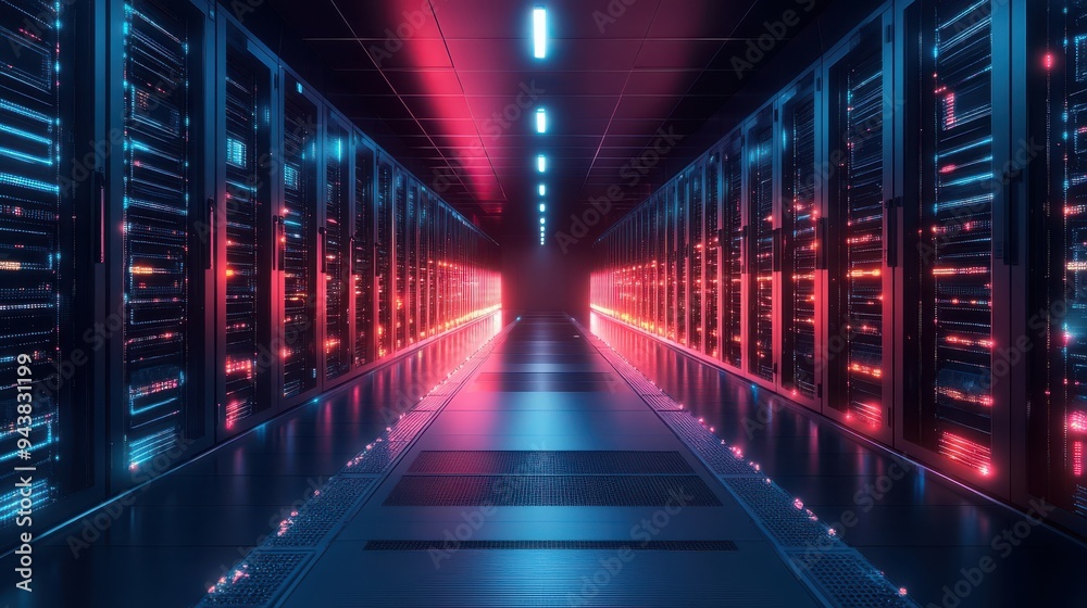 Aufkleber a futuristic data center hallway illuminated with vibrant blue and red lights, showcasing high-tech 