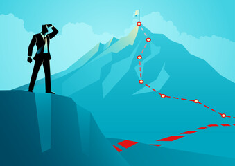 Businessman with his hand on his forehead to see better into the mountain top in the distance. For strategic planning and visionary materials, it symbolizes foresight, ambition, and future planning