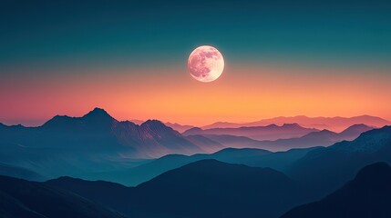 A full moon ascending above the mountains, the sky transitioning from day to night.