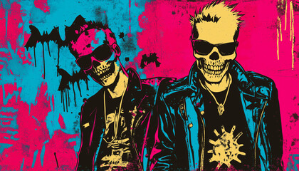 Fototapeta premium Punk Skeleton Art with Neon Colors and Spiky Hair against Abstract Background