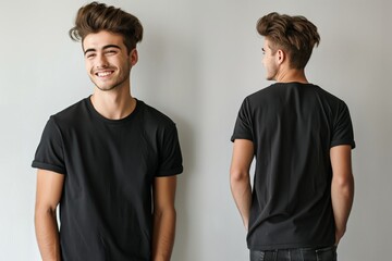 A trendy model wearing a t-shirt, showcasing a handsome young man with a stylish hairstyle.