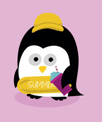 Cute Summer Illustration with Penguin and Swimming Pool Ballon, Hat, Cold Drink