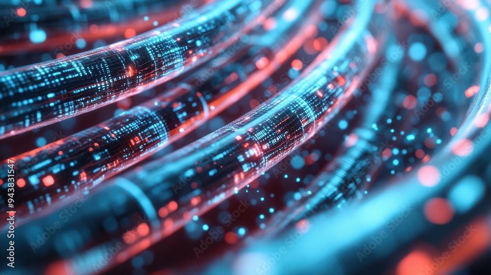 Leinwandbilder A close-up view of futuristic data cables with glowing digital signals, representing high-speed data transfer and advanced technology communication.
