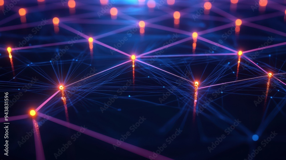 Poster An abstract representation of a digital network, featuring interconnected glowing nodes and blue lines symbolizing data flow and communication.
