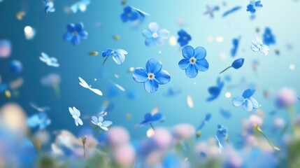 Beautiful of Blue Flower (Forget me not) petals flying or falling in the air, spring meadow flora isolated on background. --ar 16:9 --v 6.1 Job ID: d52f1601-a6b5-4038-9344-beac1f7abf24