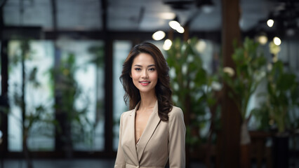 Fototapeta premium Dynamic and driven Chinese businesswoman, a visionary leader. Brunette with neatly styled hair and a confident smile, gazing at the camera