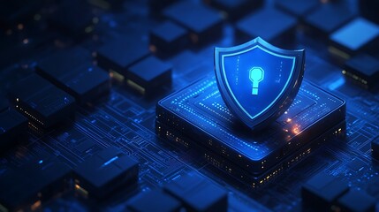 Blue glowing shield over a microchip on a circuit board, symbolizing cybersecurity, data protection, and digital security.