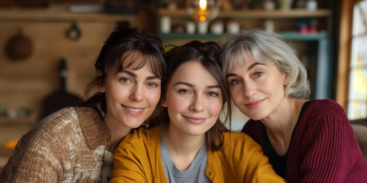 A family of three generations, including a grandmother, mother, and granddaughter, bond happily in the kitchen.