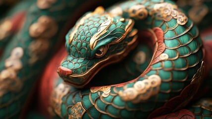 Fototapeta premium Green wooden snake with emerald eyes on a dark background.