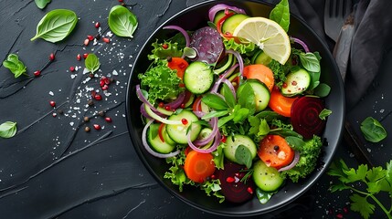 A vibrant salad featuring spiralized zucchini, carrots, and beets, lightly dressed with lemon and olive oil, photographed from above on a dark wooden table, highlighting the vivid colors and textures,