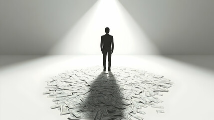 3D Icon Person with Money Spotlight concept as A person standing in a spotlight made of money set against a clean background providing ample space for text or graphics symbolizing prominence and finan