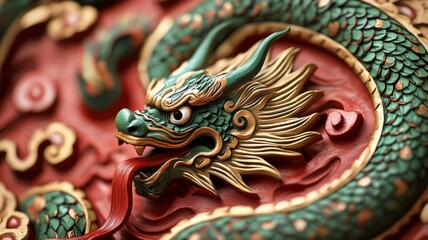 Fototapeta premium Beautifully crafted green snake with gold details and red tongue, marking the 2025 Chinese zodiac.