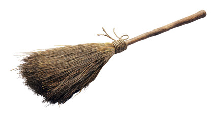 Mystical Witch's Broomstick with Straw Bristles on White Background