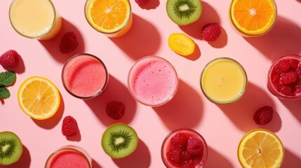Flat lay view various of smoothie fruit in glass isolated on background, healthy drinks for summer holiday. 