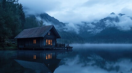 Fototapeta premium At dusk, a cozy wooden house by a calm lake reflects the surrounding foggy mountains, creating a peaceful, dreamlike scene.