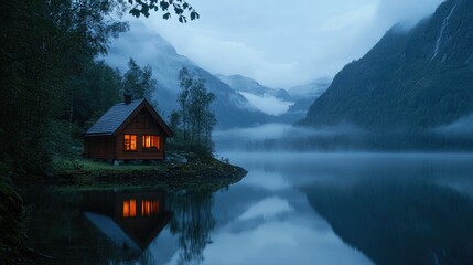 Fototapeta premium At dusk, a cozy wooden house by a calm lake reflects the surrounding foggy mountains, creating a peaceful, dreamlike scene.