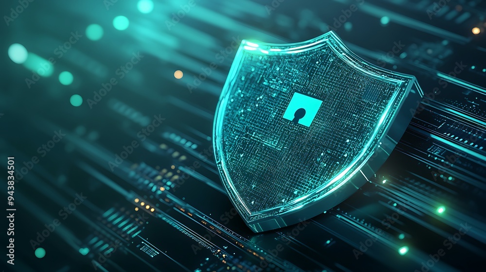Poster cybersecurity concept with a digital shield protecting data in a virtual environment. secure network