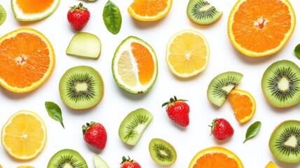 Flat view mixing different of fruits oranges, kiwi, lime, strawberries, lemon isolated on white background, 