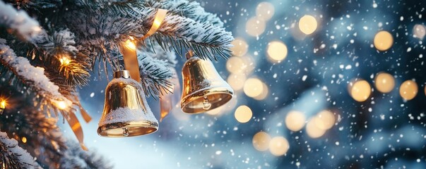 Close-Up of Christmas Bells and Ribbons Hanging from a Snow-Dusted Tree Branch with Warm Holiday Lights