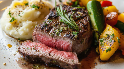 Gourmet Grilled Sirloin Steak Perfect Medium-Rare with Herb Butter and Roasted