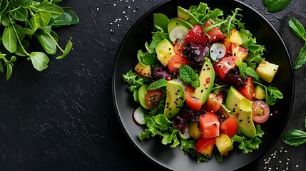 An artistic shot of a dark plate filled with a tropical salad featuring fresh greens, pineapple, avocado, and a light coconut dressing, set against a dark background,
