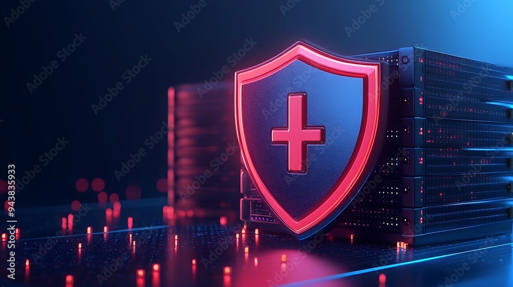 Poster cybersecurity concept with red shield and cross in data center, representing data protection and dig