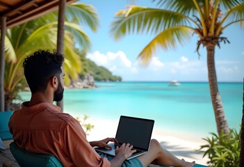 Digital Nomad Working on Laptop at Tropical Beachfront