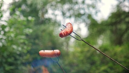 Delicious Tasty Fat Dripping Sausages Grilled on Metal Stick over Camp Fire