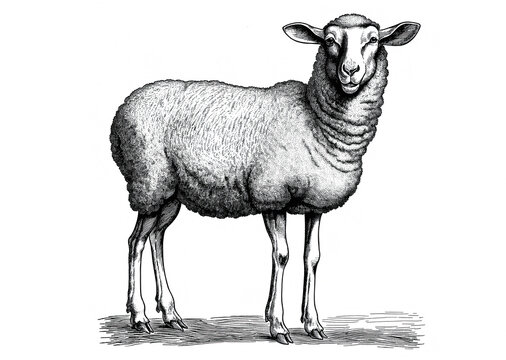 recommend clip art: Sheep, lamb. Vintage retro print, black white sheep lamb sketch ink pencil style drawing, engrave old school. Sketch artwork silhouette farm sheep lamb. Side view profile. Illustration