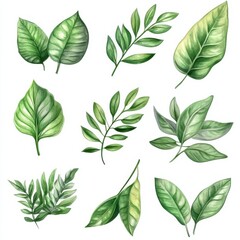 Set of Watercolor Tropical spring green leaves elements set isolated on transparent background 